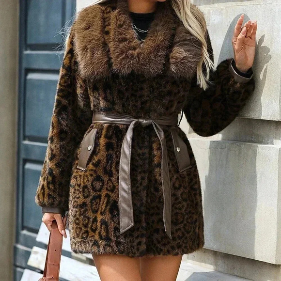 Coffee Brown Casual Women's Long Sleeve Fluffy Leopard Print Button Coat - Picture 3 of 8
